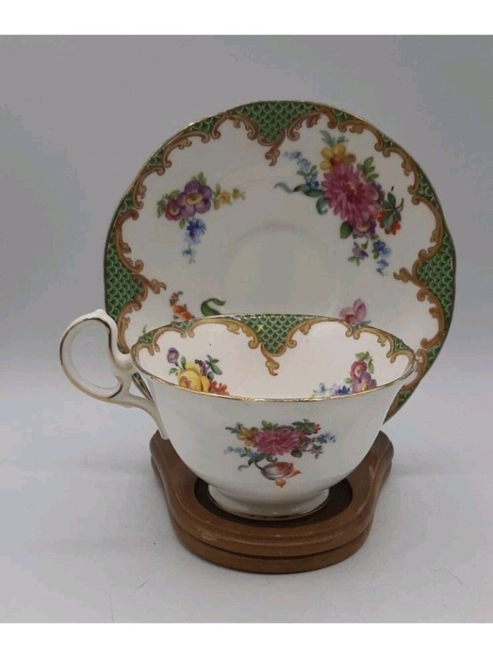 AYNSLEY Bone China England Green Scale Pattern with Florals Tea Cup and Saucer